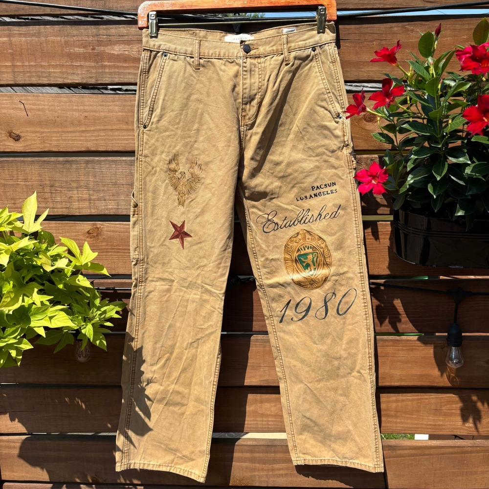 PacSun Baggy Carpenter Pants Mens 31x32 Tan Graphic Utility Excellent Condition